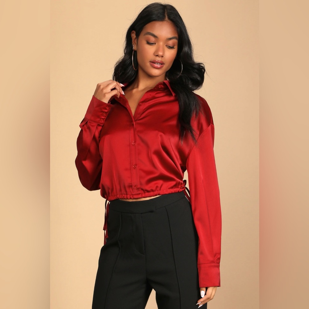 Lulus Burgundy Button-Up Long Sleeve Blouse